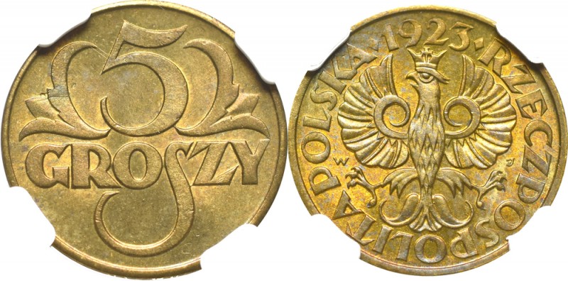 Second Polish Republic, 5 groschen 1923 - NGC MS65
II Rzeczpospolita, 5 groszy ...
