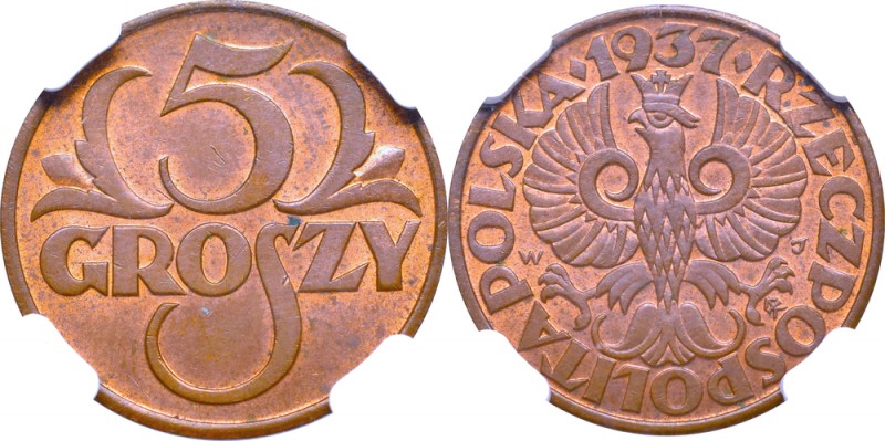 II Republic of Poland, 5 groschen 1937 - NGC MS63 RB
II Rzeczpospolita, 5 grosz...