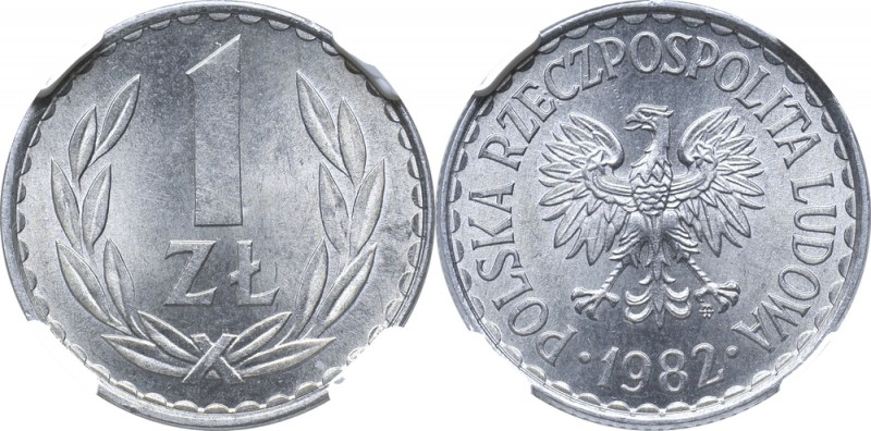 Peopole Republic of Poland, 1 zloty 1982 - NGC MS65
PRL, 1 złoty 1982 cienka da...