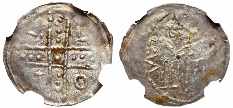Schlesien, Boleslaus I, Denarius w/o, Breslau - NGC AU55
Śląsk, Bolesław I Wyso...
