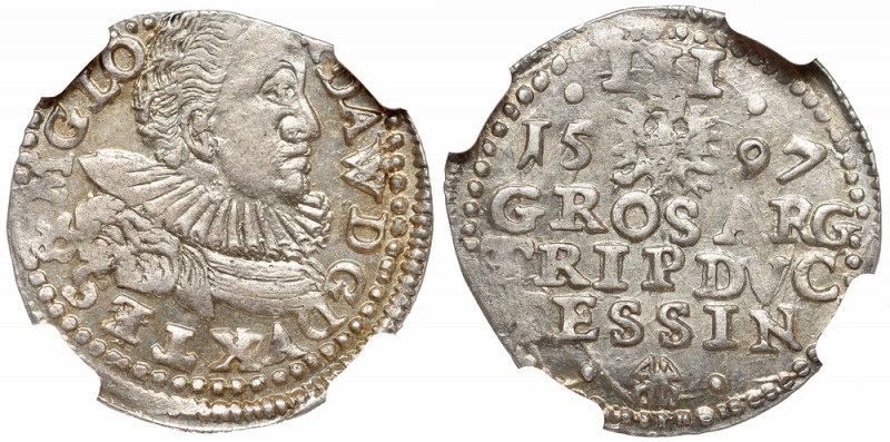 Schlesien, Adam Wenceslaus, 3 groschen 1597, Teschen - unpublished NGC MS63
Ślą...