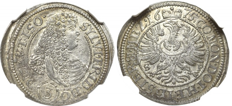 Schlesien, Sylvius Friedrich, 3 krezuer 1675, Oels - NGC MS63
Śląsk, Sylwiusz F...