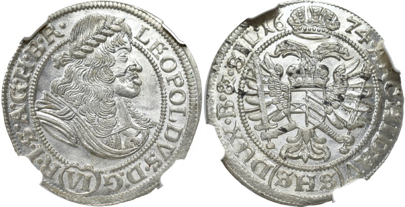 Schlesien, Leopold I, 6 kreuzer 1674, Breslau - NGC MS65
Śląsk, Leopold I, 6 kr...