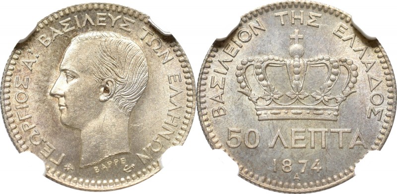 Greece, 50 lepta 1874 A - NGC MS64+
Grecja, 50 lepta 1874 A - NGC MS64+
 Okazo...