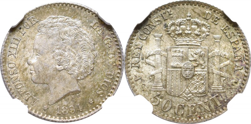 Spain, 50 centimos 1894 - NGC MS63
Hiszpania, 50 centimów 1894 - NGC MS63
 Pię...
