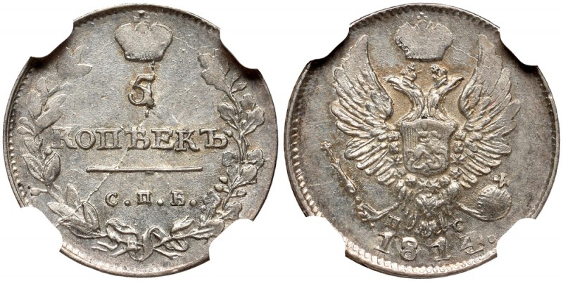 Russia, Alexander I, 5 kopecks 1814 ПС - overstrike 4 on 3 NGC MS63
Rosja, Alek...