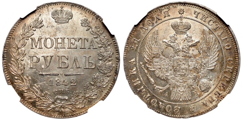 Russia, Nicholas I, Rouble 1842 АЧ - NGC MS63
Rosja, Mikołaj I, Rubel 1842 АЧ -...