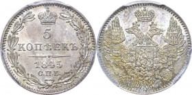 Russia, Nicholas I, 5 kopecks 1845 КБ - PCGS MS66
