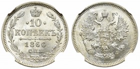 Russia, Alexander II, 10 kopecks 1866 НФ - NGC MS64