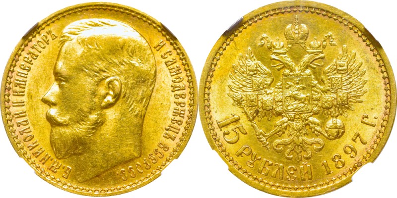 Russia, Nicholas II, 15 rouble 1897 AГ - NGC MS62
Rosja, Mikołaj II, 15 rubli 1...