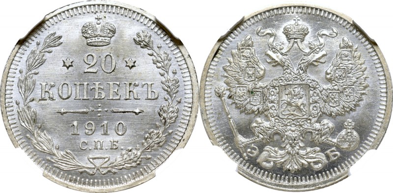 Russia, 20 kopecks 1910 ЭБ - NGC MS66+
Rosja, Mikołaj II, 20 kopiejek 1910 ЭБ -...