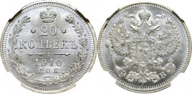 Russia, 20 kopecks 1910 ЭБ - NGC MS66+ MAX