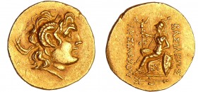 Thrace - Lysimaque statère d'or (323-281 av. J.-C). Byzantion
A/ Tête imberbe, cornue et diadémée d'Alexandre le Grand sous les traits de Zeus-Ammon ...
