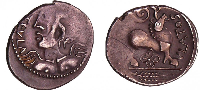 Rèmes - Denier ATEVLA / VLATOS (60-30 av. J.-C.)
A/ ATEVLA. Buste ailé à gauche...