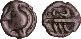 Bellovaques - Potin aux chevrons (50-20 av. J.-C.)
A/ Anépigraphe. Tête stylisée à gauche. 
R/ Anépigraphe. Flan partagé en deux ; au-dessus un S co...