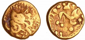 Ambiani - Statère d'or (60-50 av. J.-C.)
A/ Tête stylisée.
R/ Cheval à droite.
TTB
LT.8707-DT.244
Au ; 6.39 gr ; 16 mm