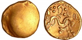 Ambiani - Statère d'or uniface (60-50 av. J.-C.)
A/ Anépigraphe.
R/ Cheval stylisé à droite. Un œil derrière le cheval.
SUP
LT.8710-BN.8710-8711-D...