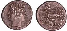 République romaine - Didrachme romano-campien (225-215 av. J.-C.) Tête janiforme
A/ Têtes imberbes janiformes des Dioscures, Castor et Pollux. 
R/ R...