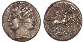 République romaine - Didrachme romano-campien (225-215 av. J.-C.) Tête janiforme
A/ Têtes imberbes janiformes des Dioscures, Castor et Pollux. 
R/ R...