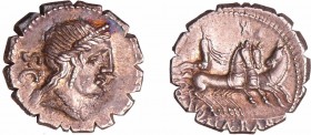 Naevia - Denier (79 av. J.-C.)
A/ S.C. Tête diadémée de Vénus à droite. 
R/ C.NAE.BALB. La Victoire dans un quadrige à droite. X au-dessus.
SUP
RR...