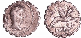Papia - Denier (79 av. J.-C.)
A/ Anépigraphe. Tête de Junon Sospita à droite, coiffée de la dépouille de chèvre. Derrière, un lituus. 
R/ L.PAPI. Gr...