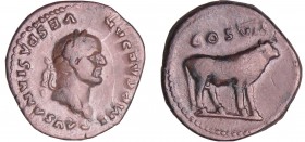 Vespasien - Denier (76, Rome) - Vache
A/ IMP CAESAR VESPASIANVS AVG Tête laurée à droite. 
R/ COS VII. Vache à droite.
TB+
C.118 (2f)-RCV.-RIC.96...