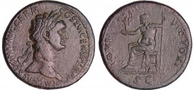 Domitien - Sesterce (92-94, Rome)
A/ IMP CAES DOMIT AVG GERM COS XVI CENS PER P P. Buste lauré à droite. 
R/ IOVI VICTORI // SC. Jupiter assis à gau...