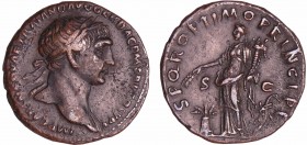 Trajan - Dupondius (107, Rome) - L'Abondance
A/ IMP CEAS NERVAE TRAIANO AVG GER DAC P M TR P COS V P P. Buste lauré et drapé à droite. 
R/ S P Q R O...
