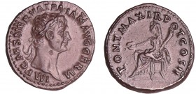 Trajan - Denier (98, Rome) - Vesta
A/ IMP CAES NERVA TRAIAN AVG GERM. Buste lauré à droite. 
R/ PONT MAX TR POT COS II. Vesta assise à gauche tenant...