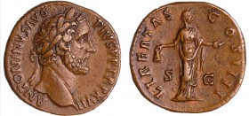 Antonin le Pieux - Sesterce (153-154, Rome) - La Libéralité
A/ ANTONINVS AVG PIVS P P TR P XVIII Tête laurée à droite. 
R/ LIBERALITAS AVG IIII LA L...
