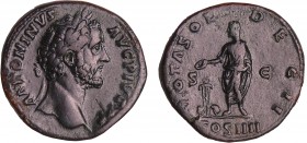 Antonin le Pieux - Sesterce (145, Rome) 
A/ ANTONINVS AVG PIVS P P Tête nue à droite. 
R/ VOTA SOL DEC II - SC // COS IIII Antonin voilé debout à ga...