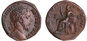 Marc Aurèle - Sesterce (172, Rome) - Rome assise
A/ M ANTONINVS AVG TR P XXVI. Tête laurée à droite. 
R/ IMP VI COS III. Mars assise à gauche, tenan...