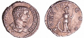 Géta - Denier (207, Rome) - Pallas
A/ P SEPTIMVS GETA CAES Tête nue à droite. 
R/ PONTIF COS. Pallas debout à gauche, tenant une haste et appuyé à u...
