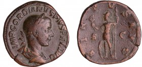 Gordien III - Sesterce (244, Rome) - Mars
A/ IMP GORDIANVS PIVS FEL AVG Buste lauré et drapé à droite. 
R/ VIRTVS AVG // S C Mars debout à gauche te...