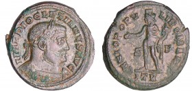 Dioclétien - Follis (Trèves)
A/ IMP DIOCLETIANVS AVG Buste lauré et cuirassé à droite. 
R/ GENIO POPVLI ROMANI // I TR Génie debout à gauche, tenant...