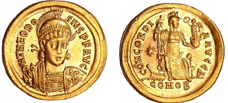 Théodose II - Solidus (Constantinople)
A/ D N THEODO-SVIS P F AVG Buste casqué ...