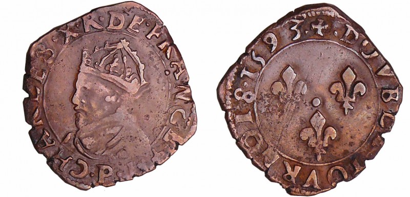 Charles X (1589-1590) - Double tournois - 1593 P (Dijon)
A/ + CHARLES. X. R. DE...