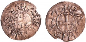 Franche-Comté - Comté de Scodingue - Denier (Salins-les-Bains)
A/ + SCITINCOR-I (rétrograde). Dans le champ, COMITS (rétrograde).
R/ + SALINIS B-R. ...