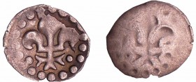 Alsace - Strasbourg - Denier
A/ Fleur de lis.
R/ Uniface.
TTB
Bd.1329 (1f)
Ar ; 0.24 gr ; 14 mm