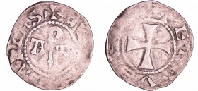Picardie - Evrard - Corbie - Denier
Evrard (1096). A/ + EVIRARDVS ABBAS Crosse entre alpha et oméga.
R/ + PETRVS APIS Croix.
RR TTB
Bd.1908 (20f)-...