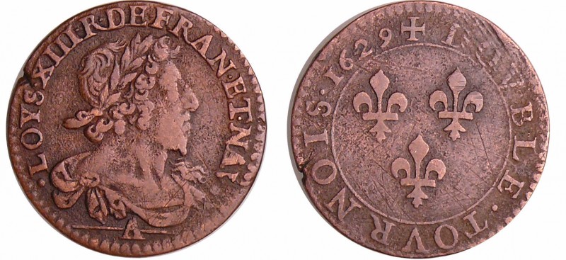 Louis XIII (1610-1643) - Double tournois au buste viril drapé à l’antique - 1629...