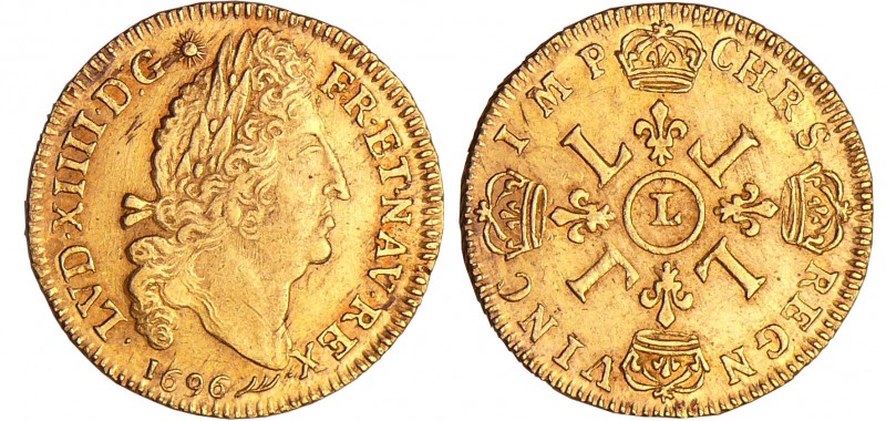 Louis XIV (1643-1715) - Louis d’or aux 4 L - 1696 L (Bayonne) flan neuf
SUP
L4...