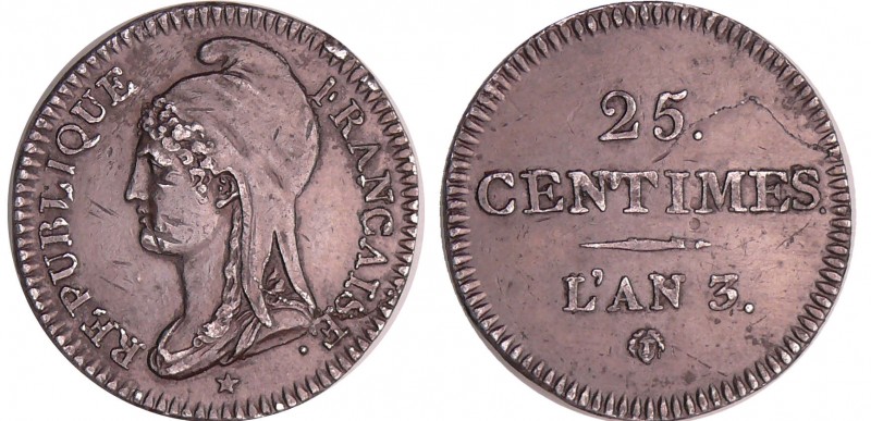 Convention (1792-1795) - 25 centimes An 3
TTB+
Maz.355
Etain ; 5.73 gr ; 24 m...