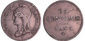 Convention (1792-1795) - 25 centimes An 3
TTB+
Maz.355
Etain ; 5.73 gr ; 24 mm
Tranche lisse.