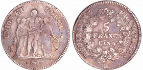 Directoire (1795-1799) - 5 francs Hercule union et force An 6 K (Bordeaux)
TTB
Ga.563-F.287
Ar ; 24.66 gr ; 37 mm