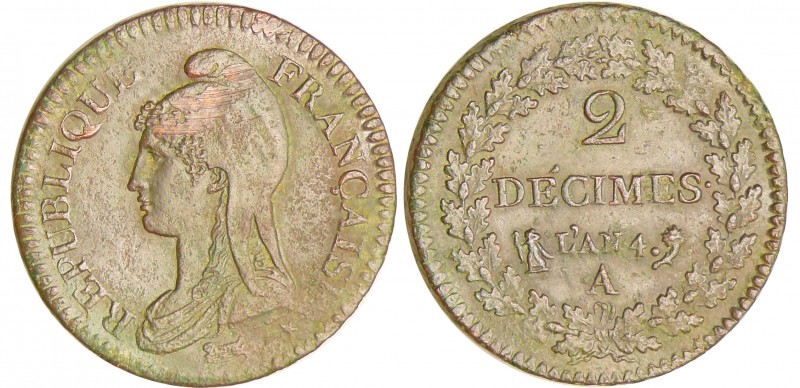 Directoire (1795-1799) - 2 décimes Dupré - An 4 A (Paris)
R SUP
Ga.300-F.145
...