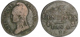 Directoire (1795-1799) - 5 centimes Dupré - petit module - An 4 I (Limoges)
R TB
Ga.124-F.113
Cu ; 4.46 gr ; 22 mm