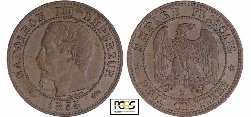 Napoléon III (1852-1870) - 2 centimes tête nue 1855 D (Lyon) petit D / chien-gra...