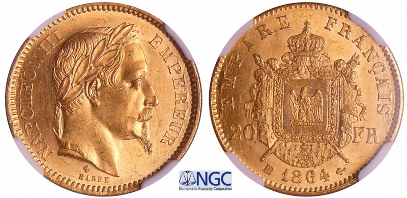 Napoléon III (1852-1870) - 20 francs tête laurée 1864 BB (Strasbourg)
NGC MS 64...