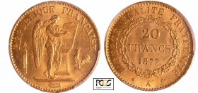 Troisième république (1871-1940) - 20 francs Génie 1877 A (Paris)
PCGS MS 64+
Ga.1063-F.533
Au ; -- ; 21 mm
PCGS #35622506.